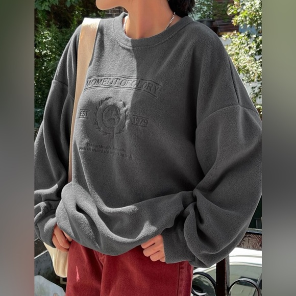 DAZY Slogan Embroidery Drop Shoulder Fleece Sweatshirt - Picture 1 of 7